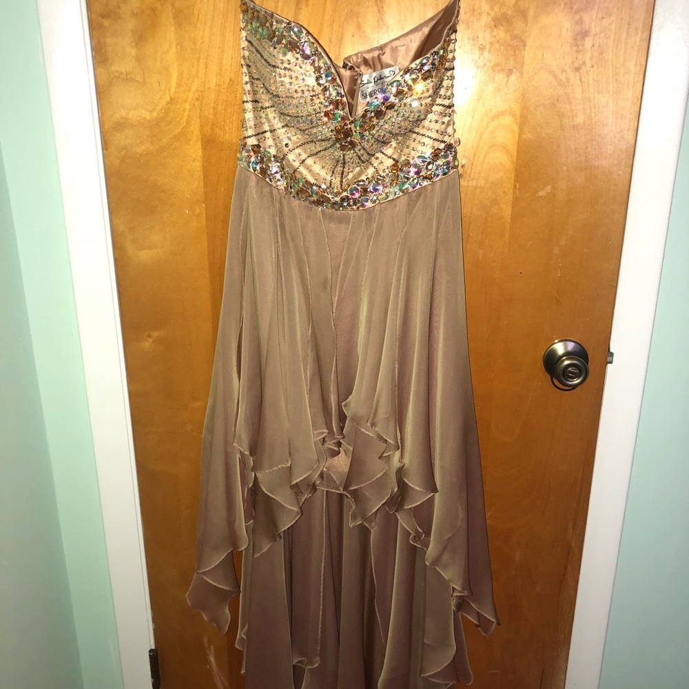 Beaded/gold high-low prom dress. Shoes & bracelet!